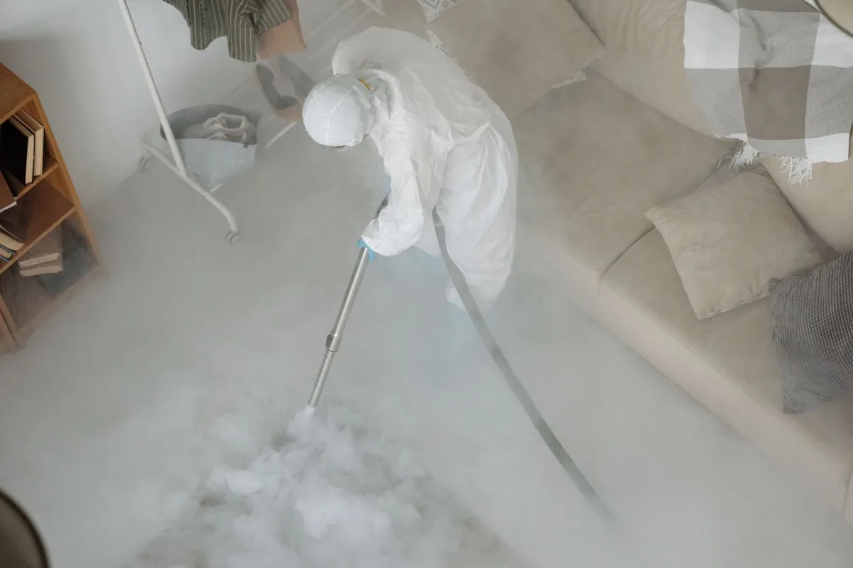 Biohazard cleanup technician in protective equipment, Calistoga, CA